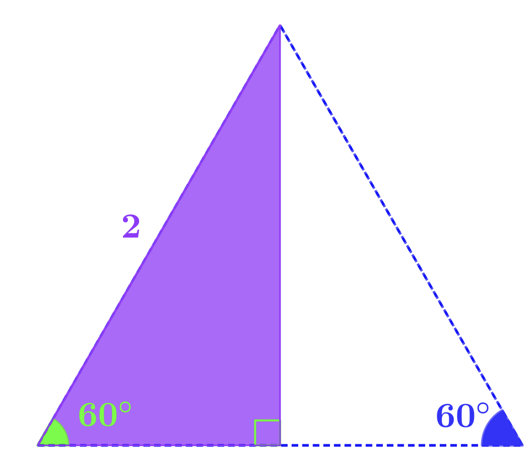 Equilateral triangle with height shown, side length 2, angles 60° marked