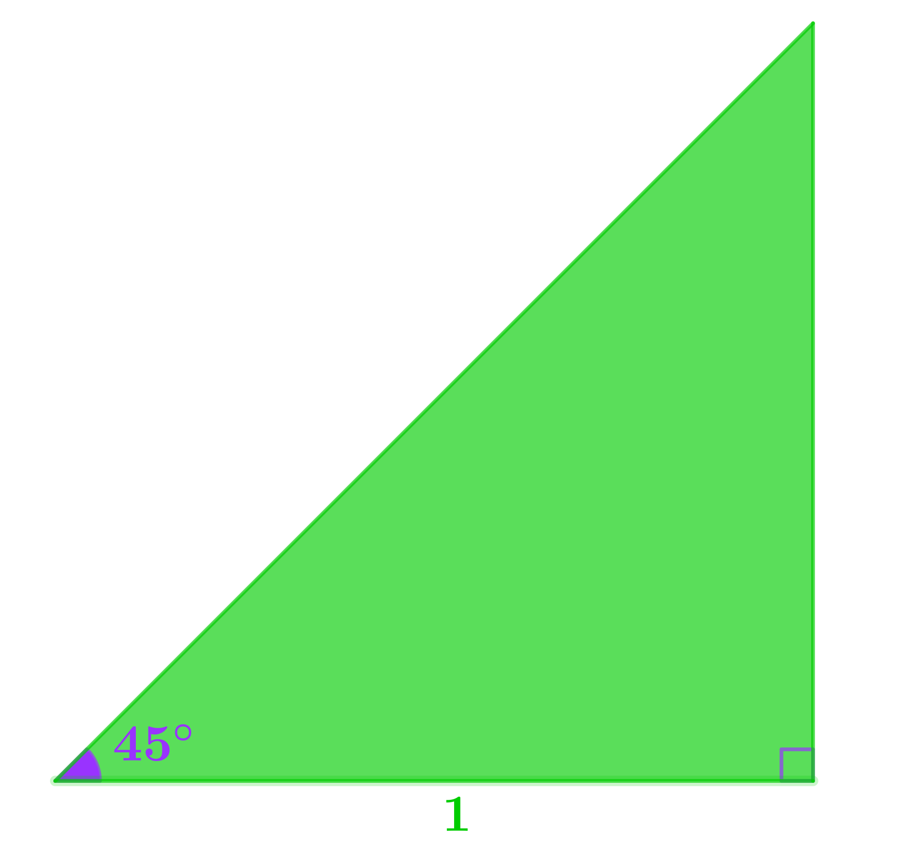 Right-angled triangle with 45° angle and base 1